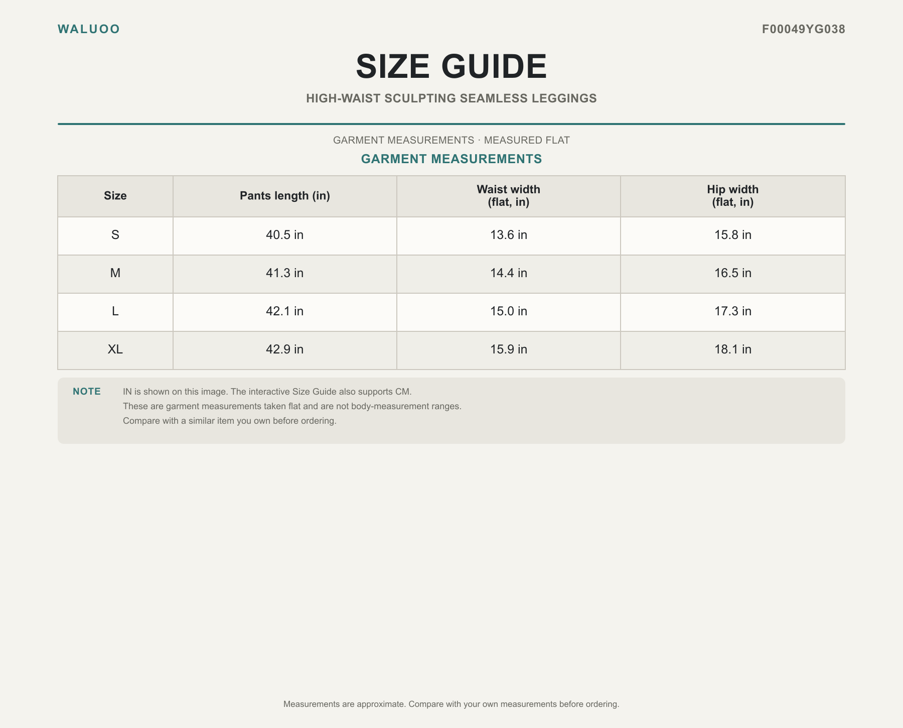 Waluoo F00049YG038 size guide