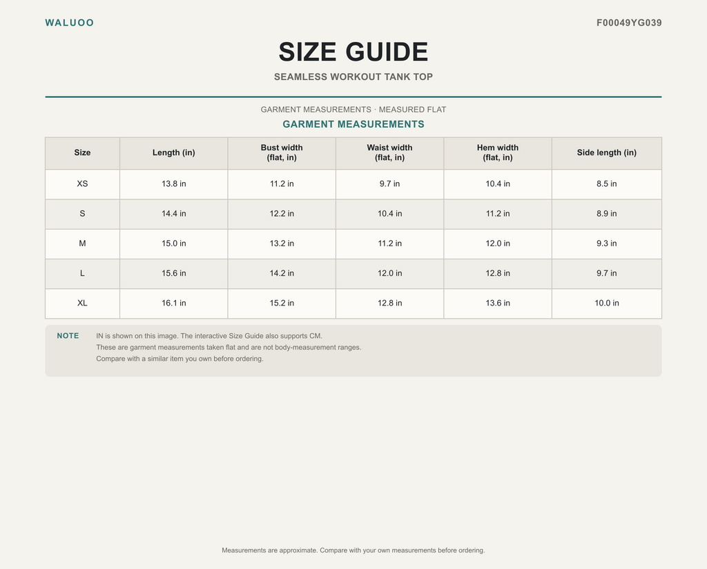 Waluoo F00049YG039 size guide