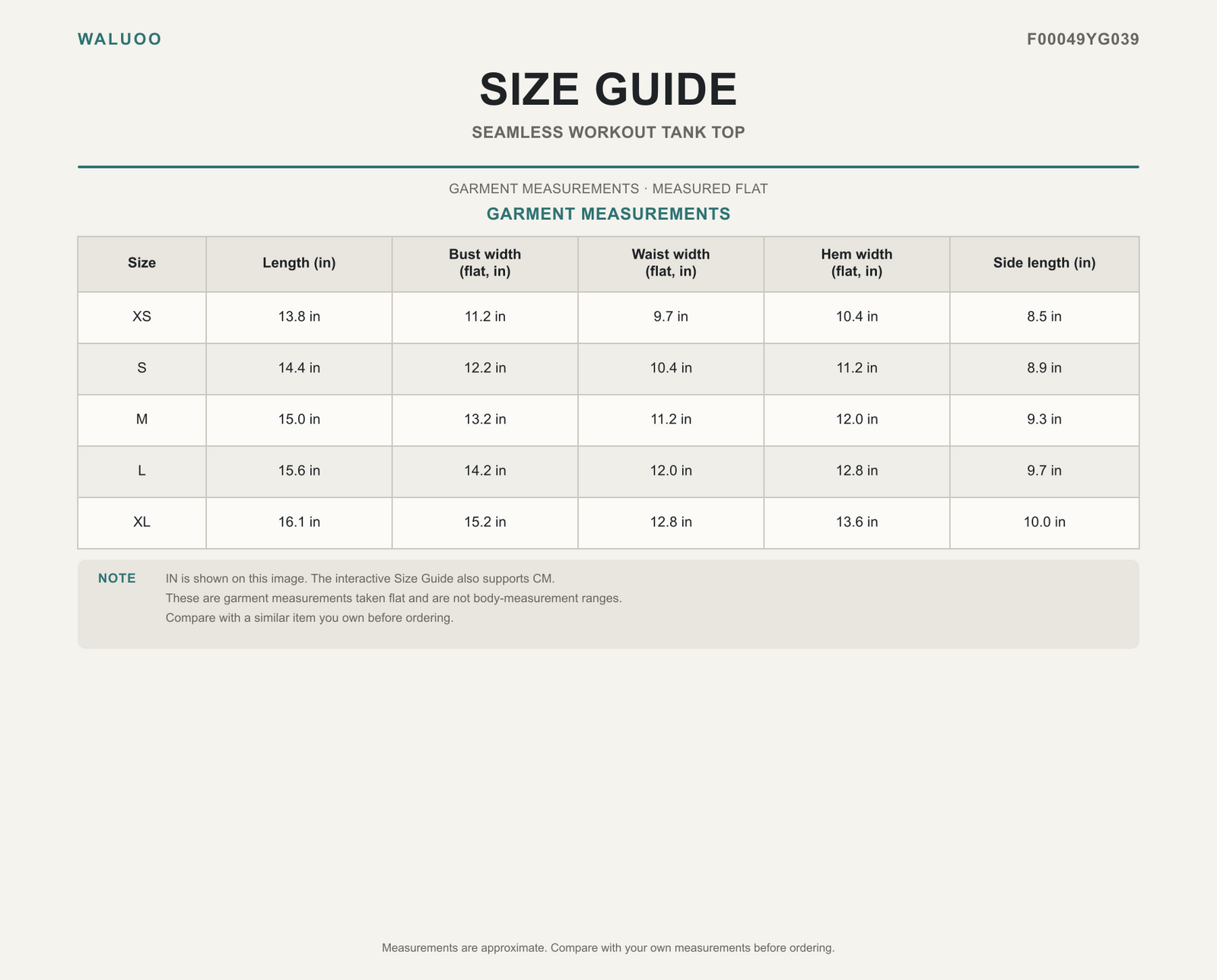 Waluoo F00049YG039 Size Guide