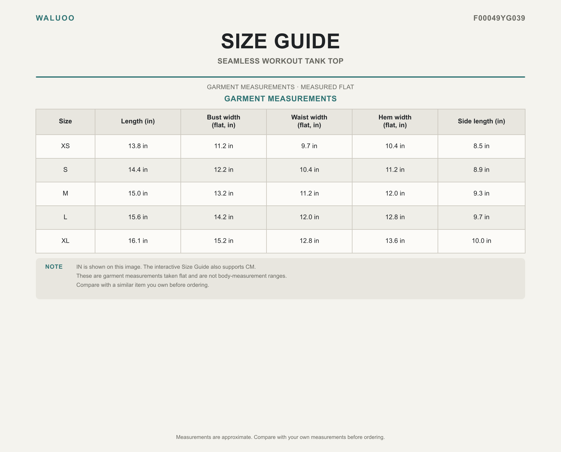 Waluoo F00049YG039 size guide