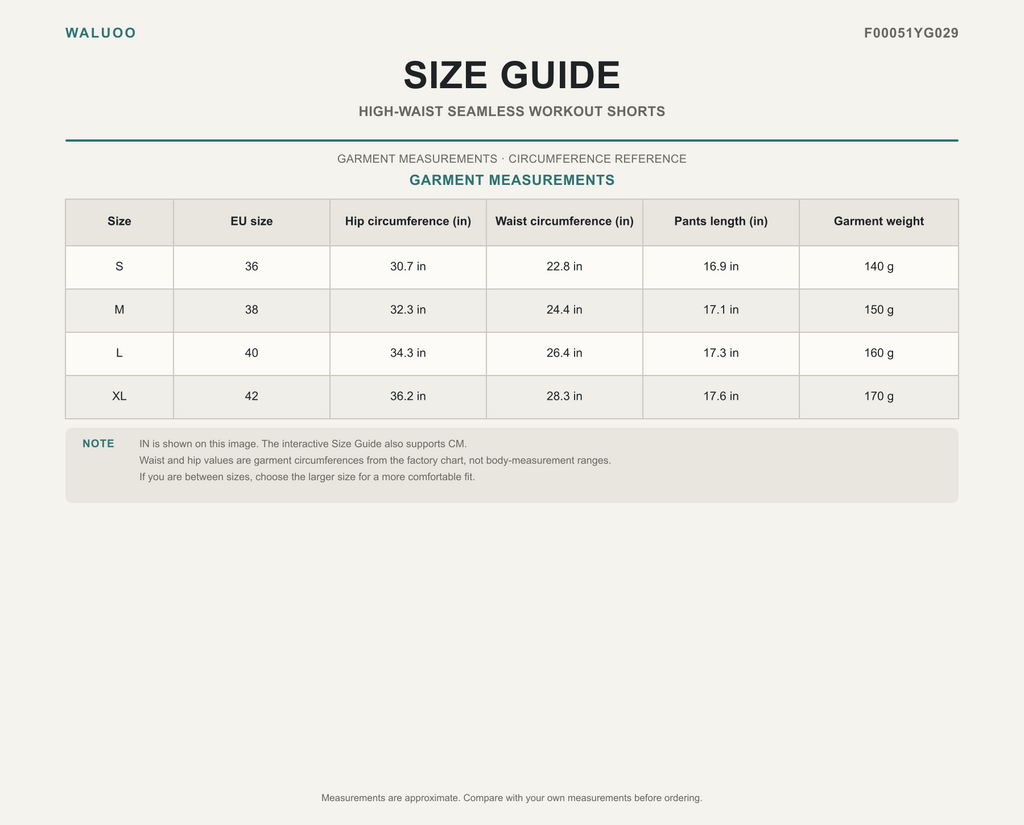 Waluoo F00051YG029 size guide
