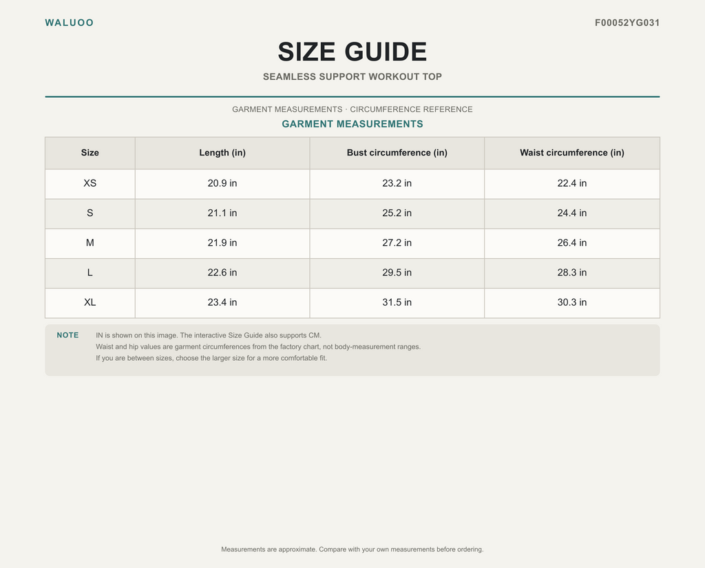 Waluoo F00052YG031 size guide