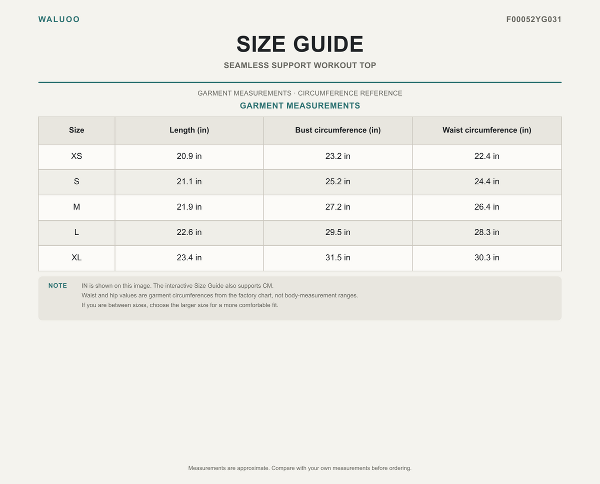 Waluoo F00052YG031 size guide