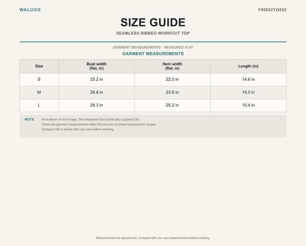 Waluoo F00052YG032 size guide