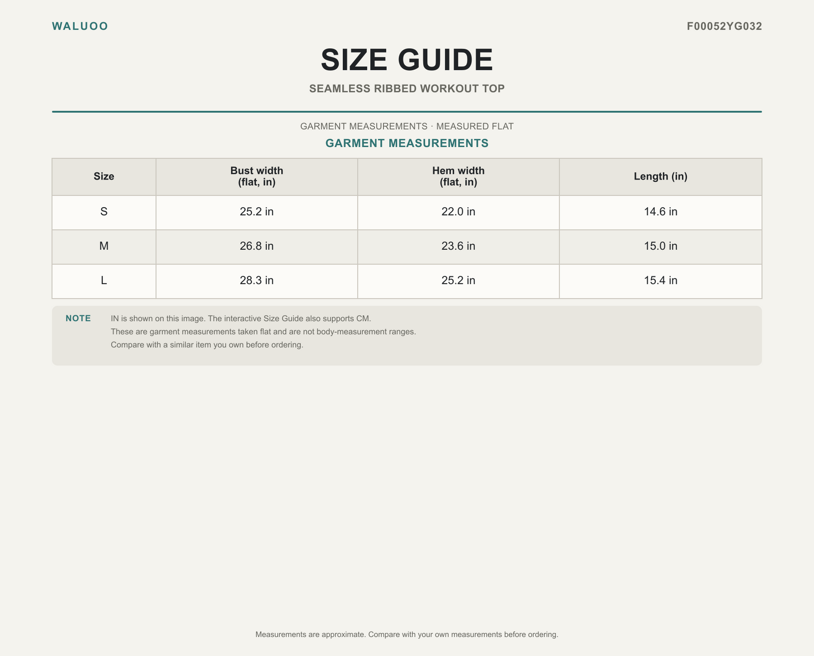 Waluoo F00052YG032 Size Guide