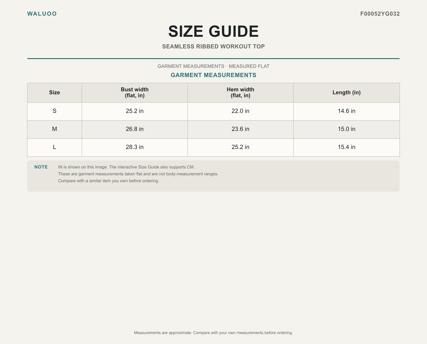 Waluoo F00052YG032 size guide