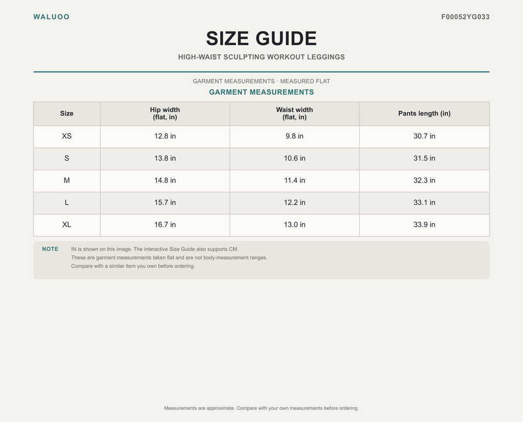 Waluoo F00052YG033 size guide