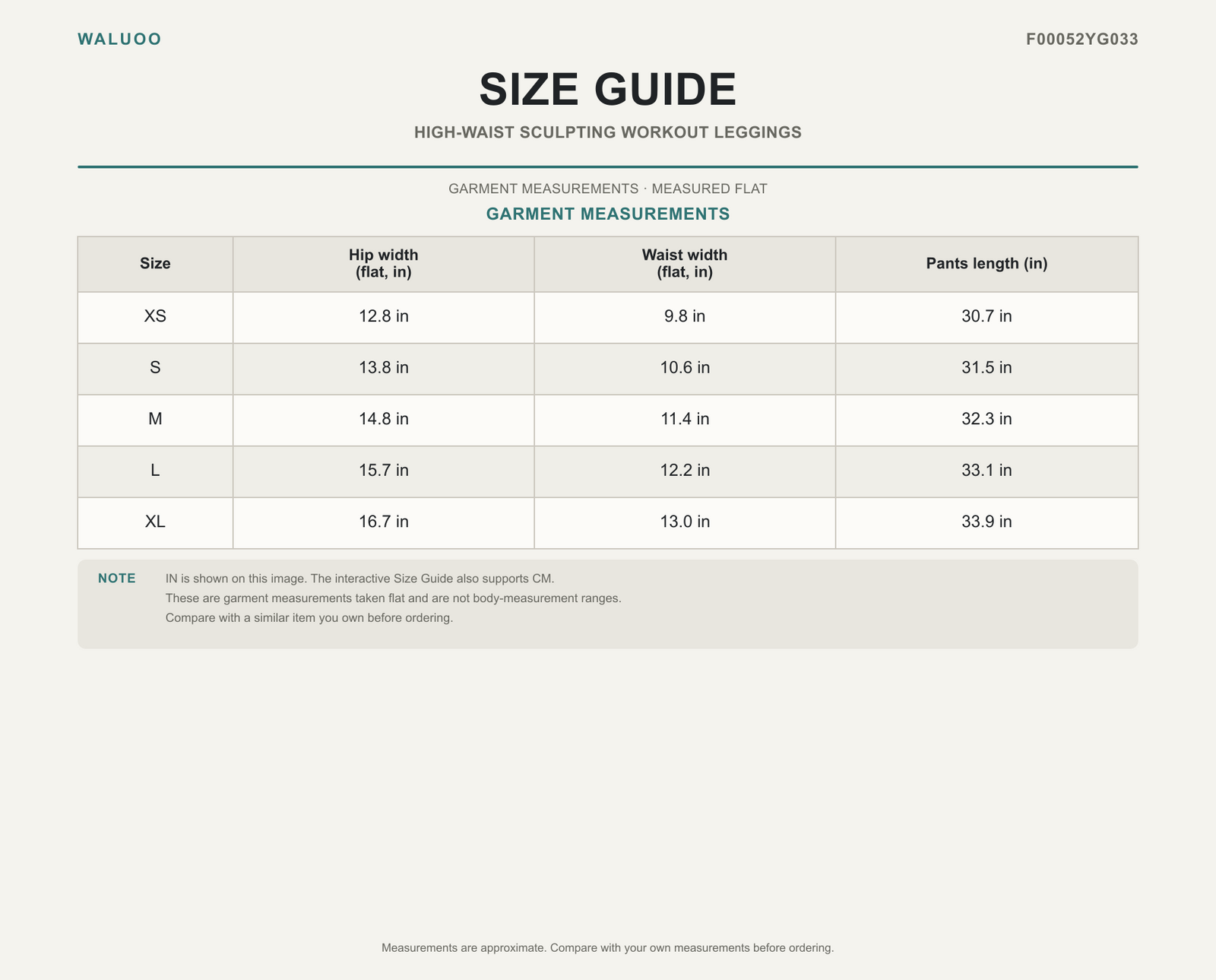 Waluoo F00052YG033 Size Guide