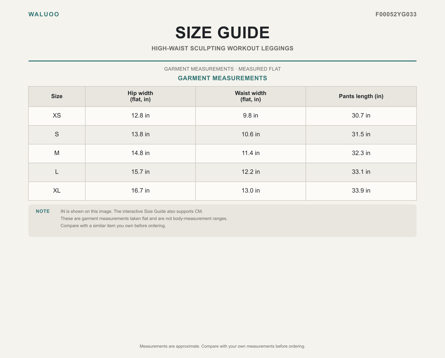 Waluoo F00052YG033 size guide