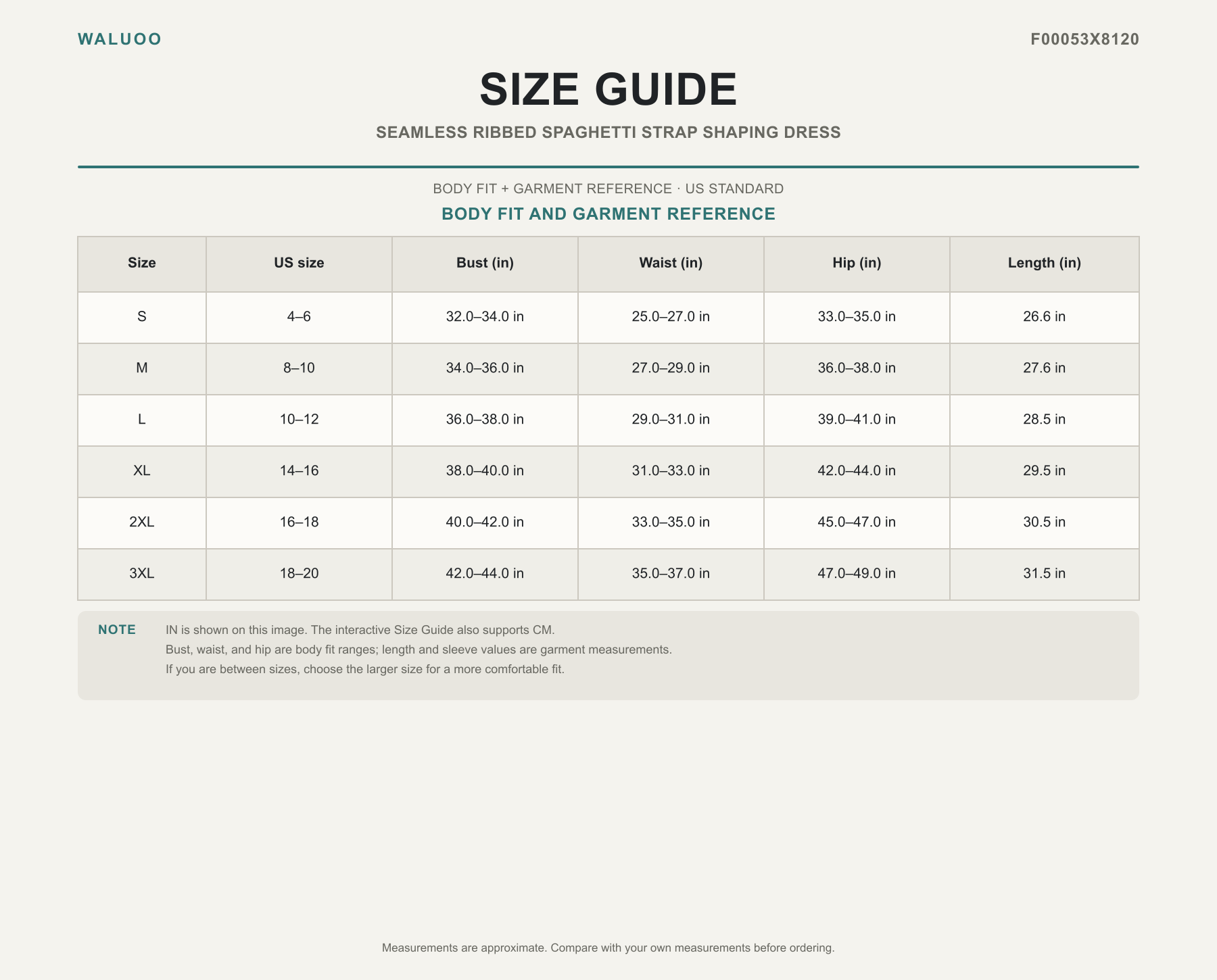 Waluoo F00053X8120 size guide