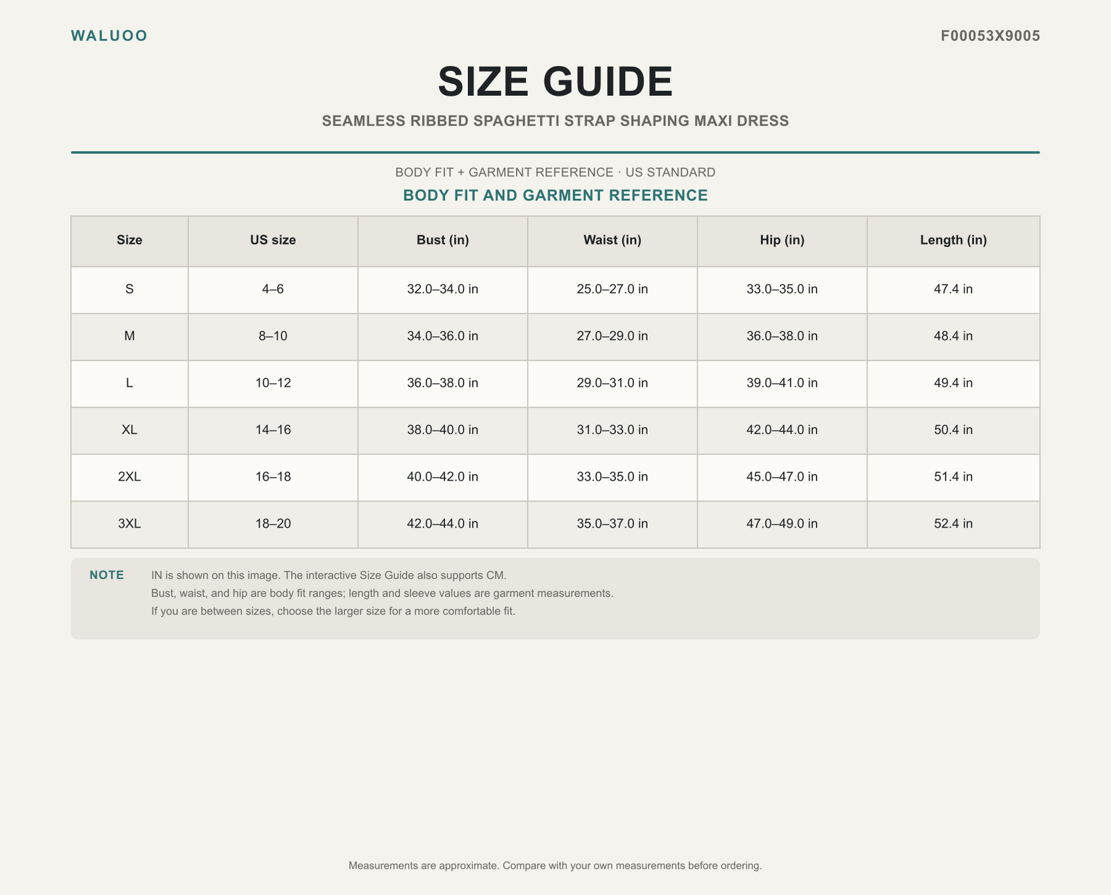 Waluoo F00053X9005 Size Guide