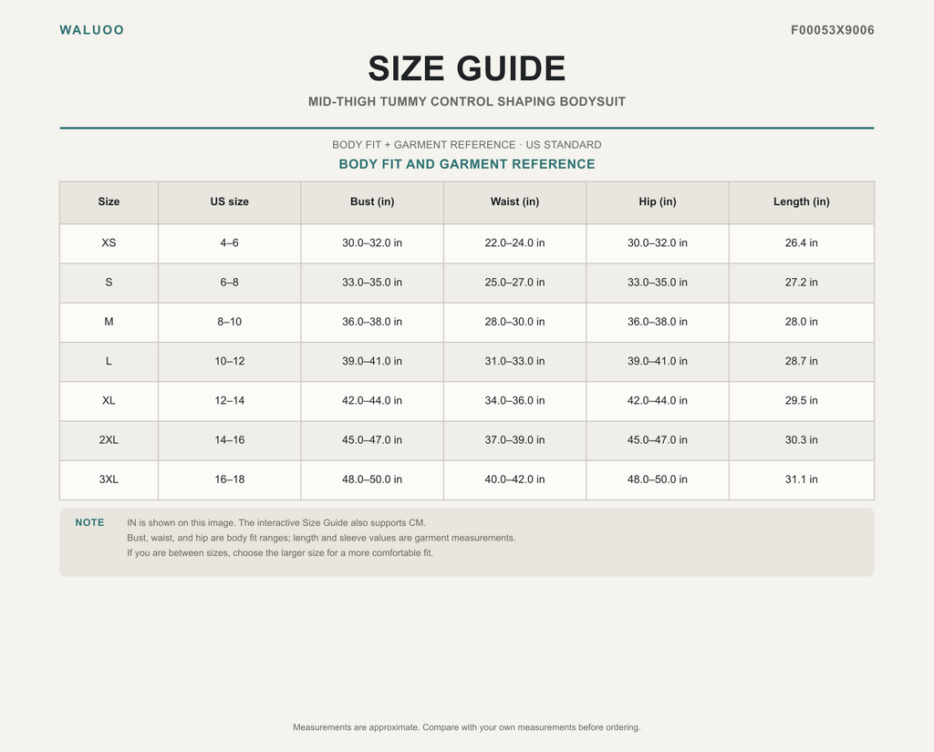 Waluoo F00053X9006 size guide