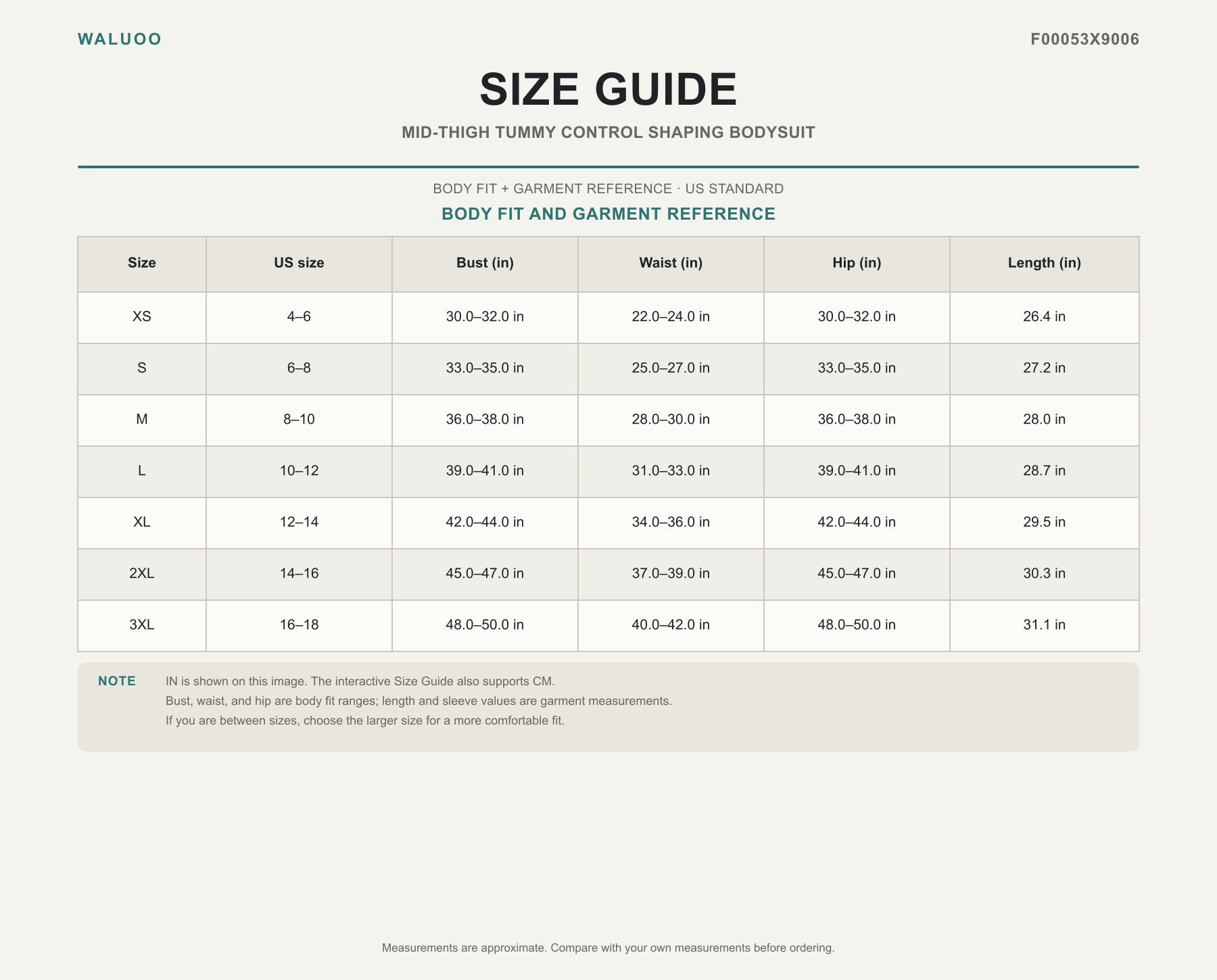 Waluoo F00053X9006 size guide