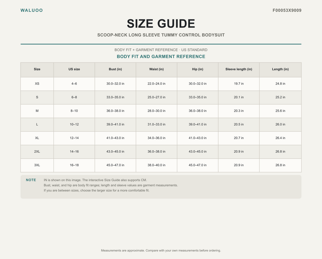 Waluoo F00053X9009 size guide