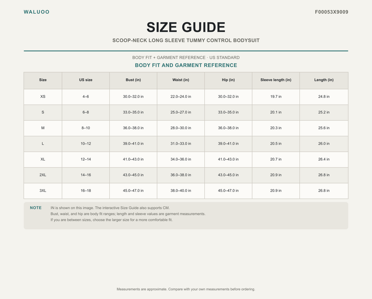 Waluoo F00053X9009 size guide