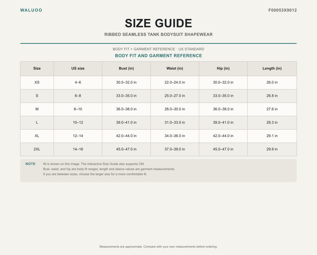 Waluoo F00053X9012 size guide