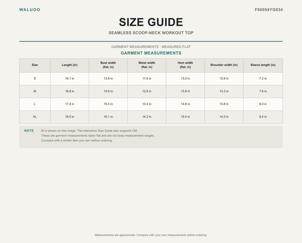 Waluoo F00054YG034 size guide