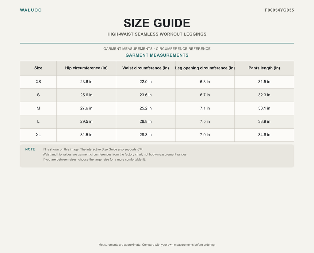Waluoo F00054YG035 size guide