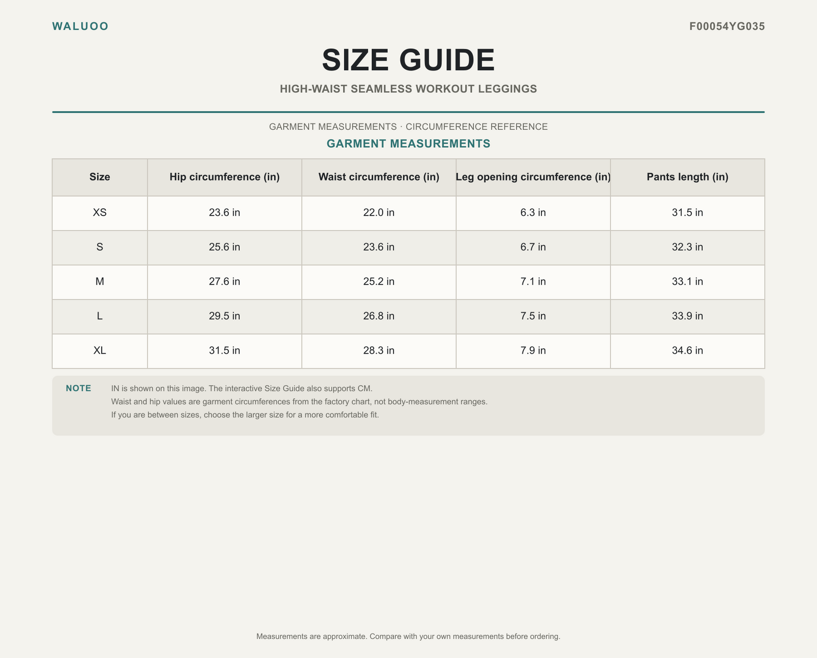 Waluoo F00054YG035 Size Guide