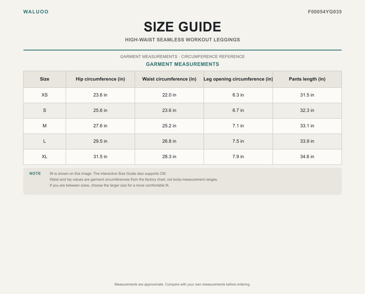 Waluoo F00054YG035 size guide