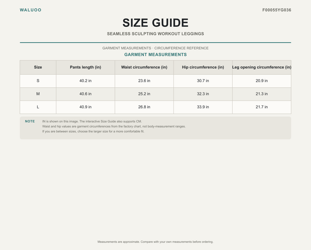 Waluoo F00055YG036 size guide