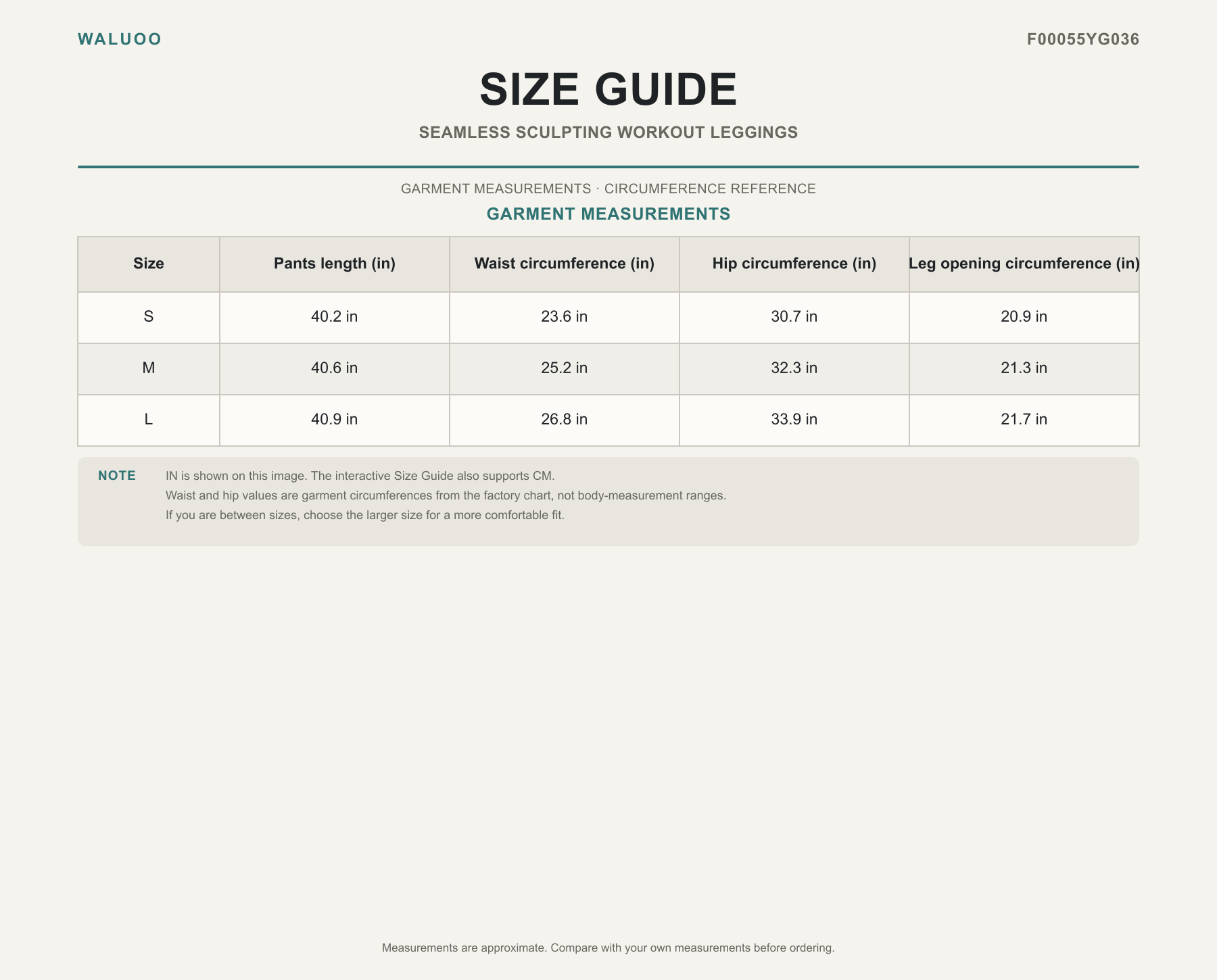 Waluoo F00055YG036 size guide