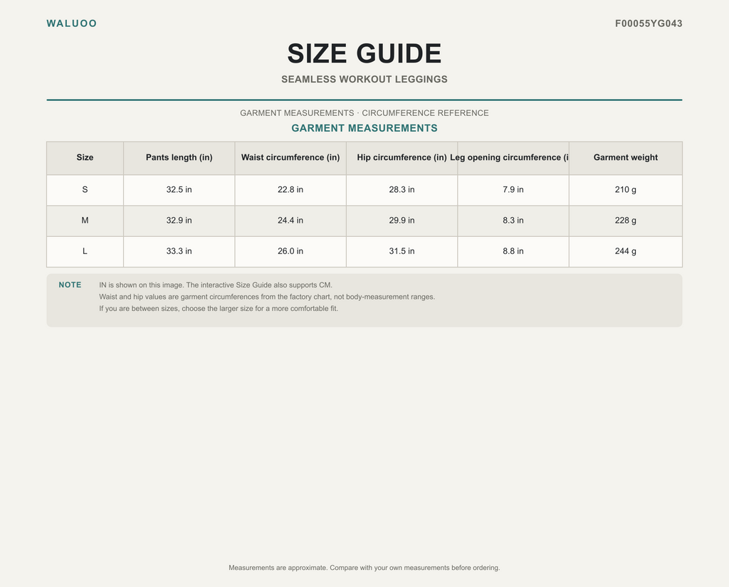 Waluoo F00055YG043 size guide