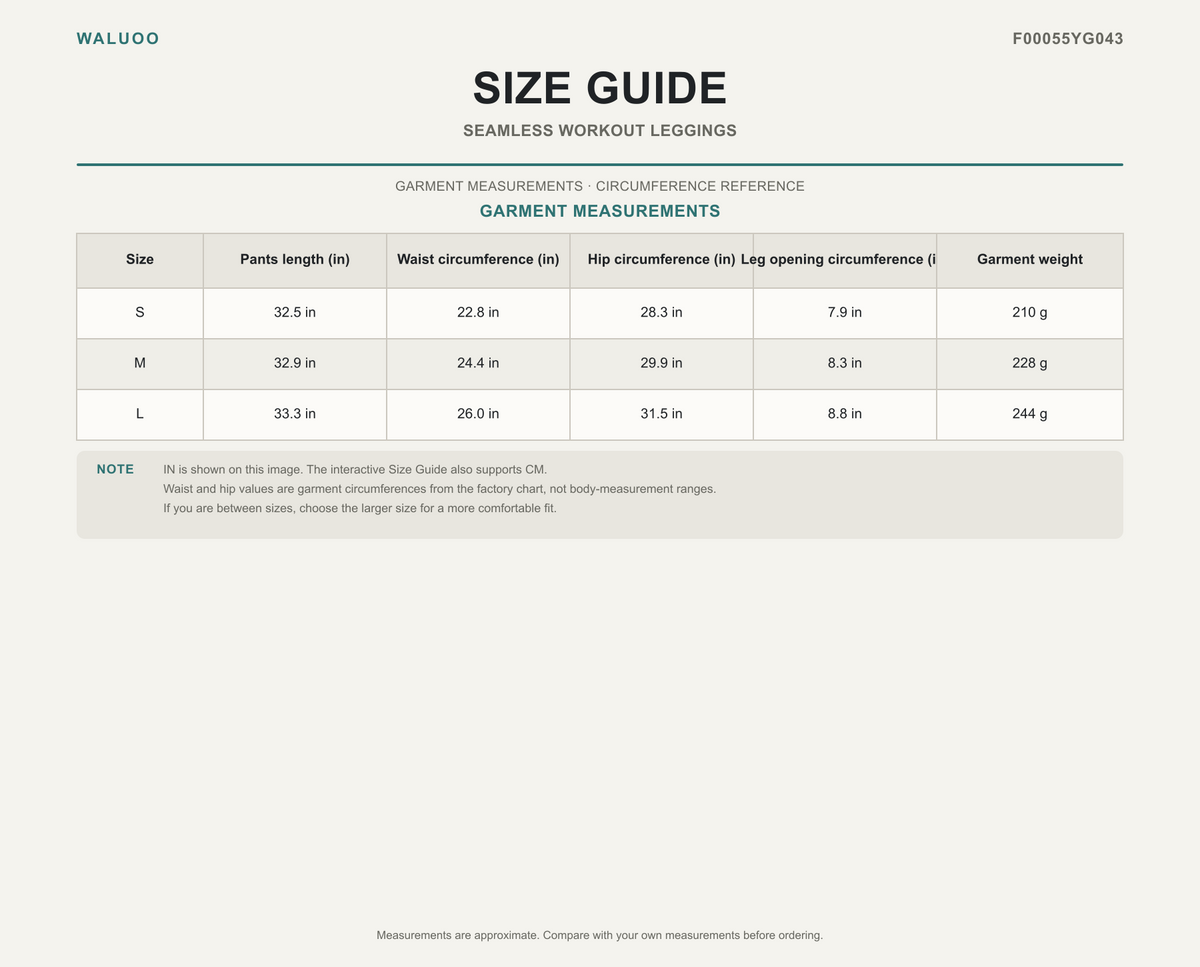 Waluoo F00055YG043 size guide