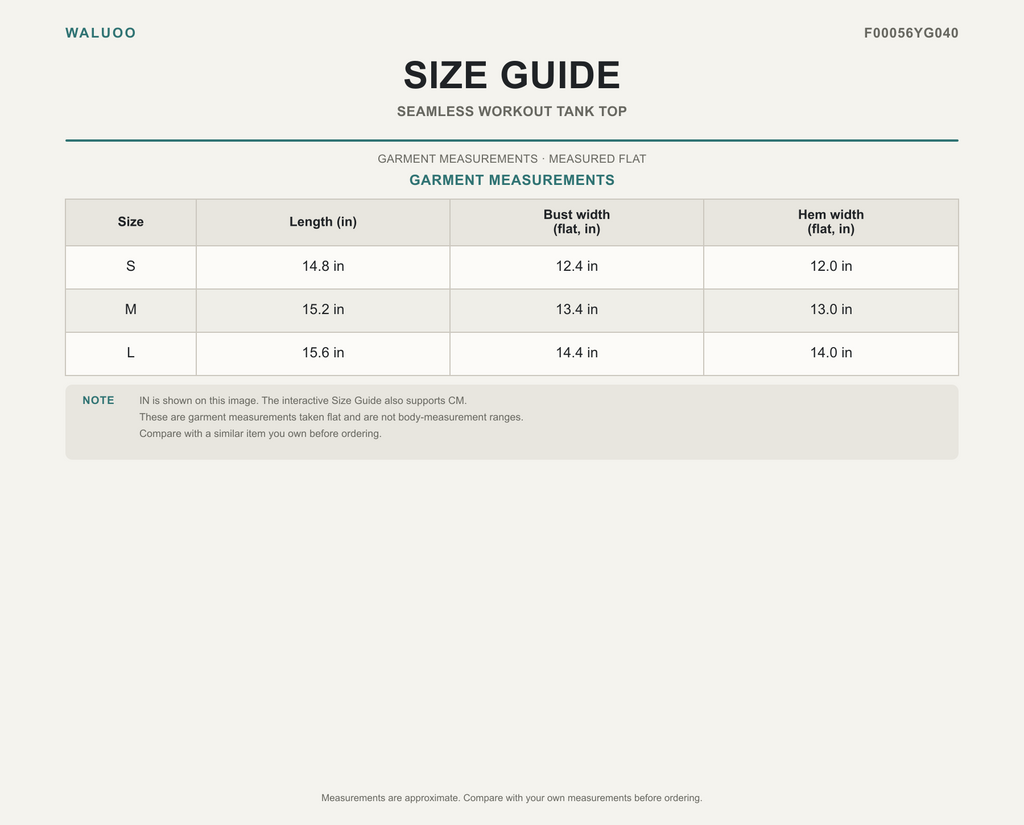 Waluoo F00056YG040 size guide