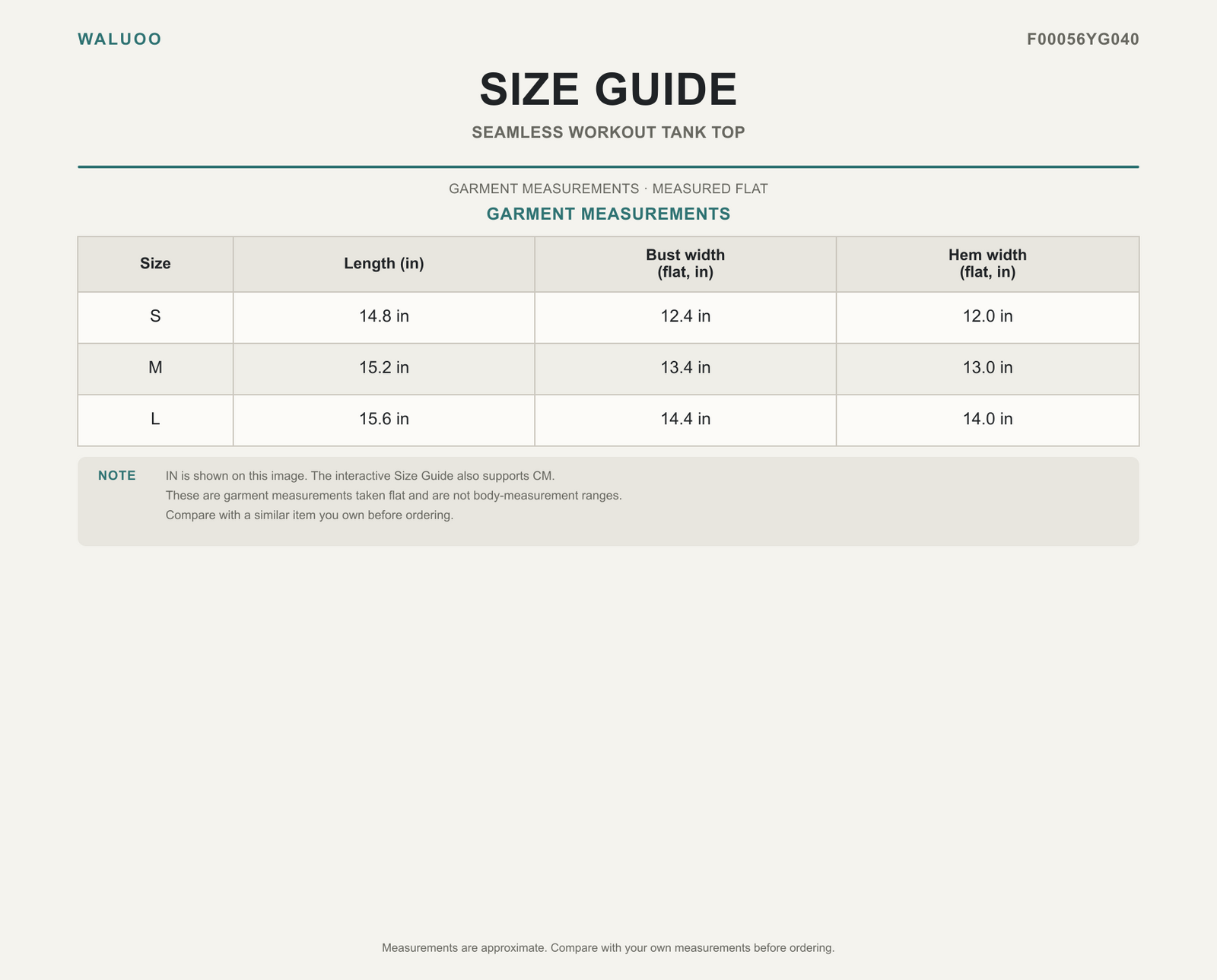Waluoo F00056YG040 Size Guide