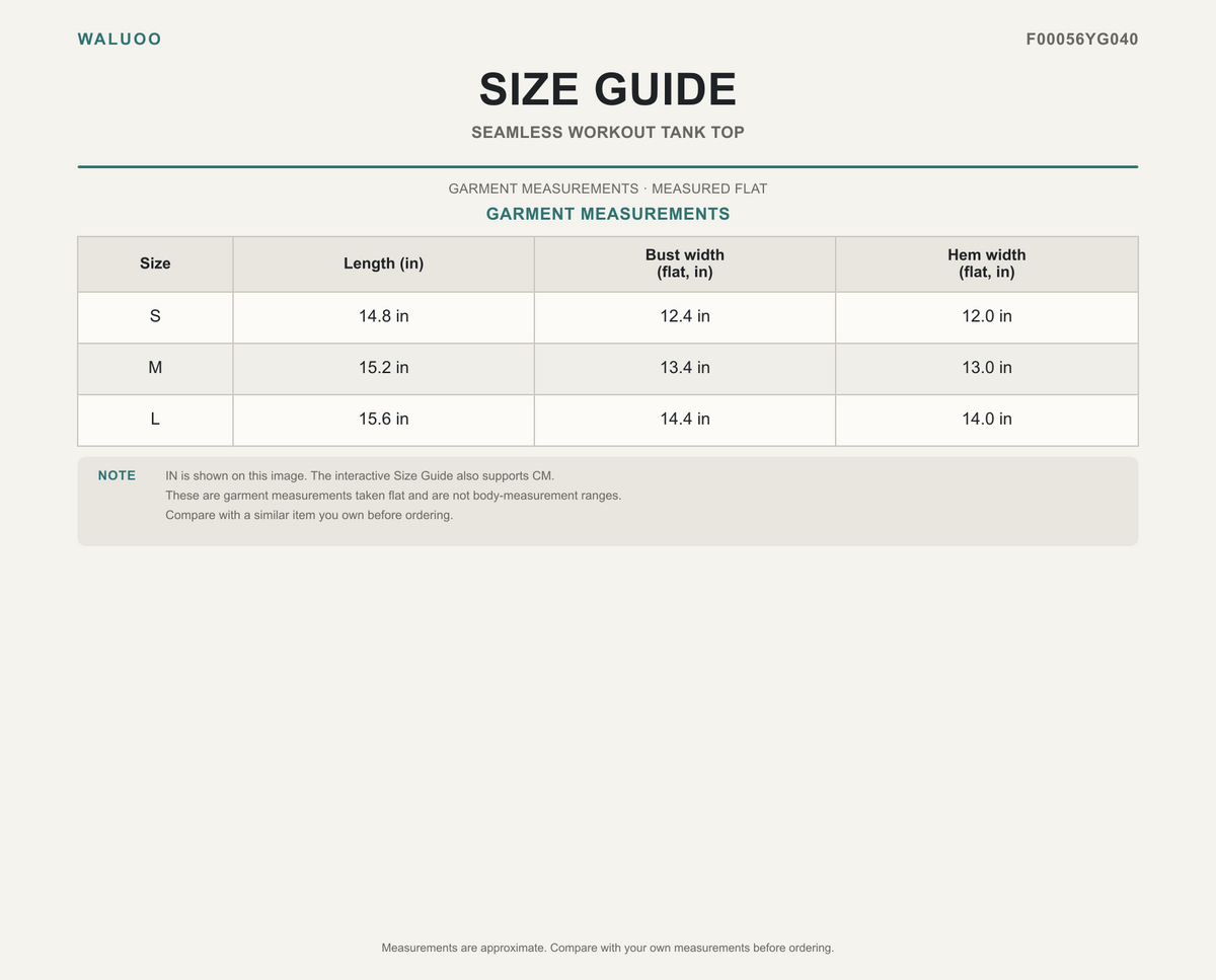 Waluoo F00056YG040 size guide