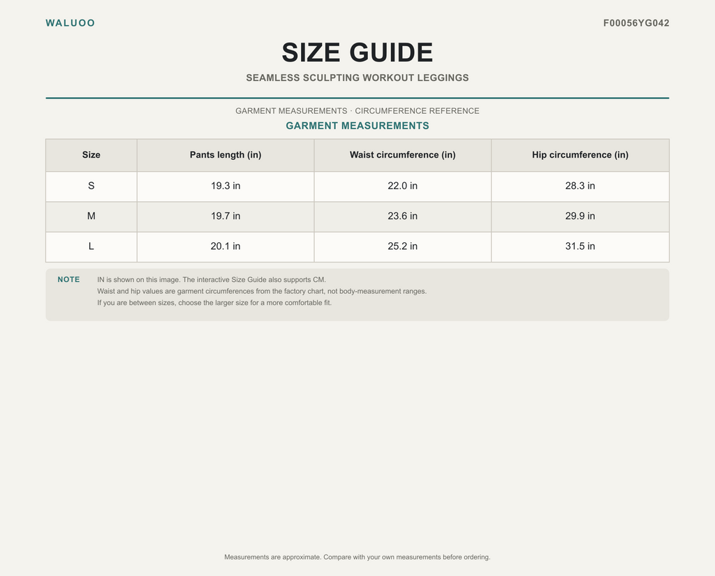 Waluoo F00056YG042 size guide