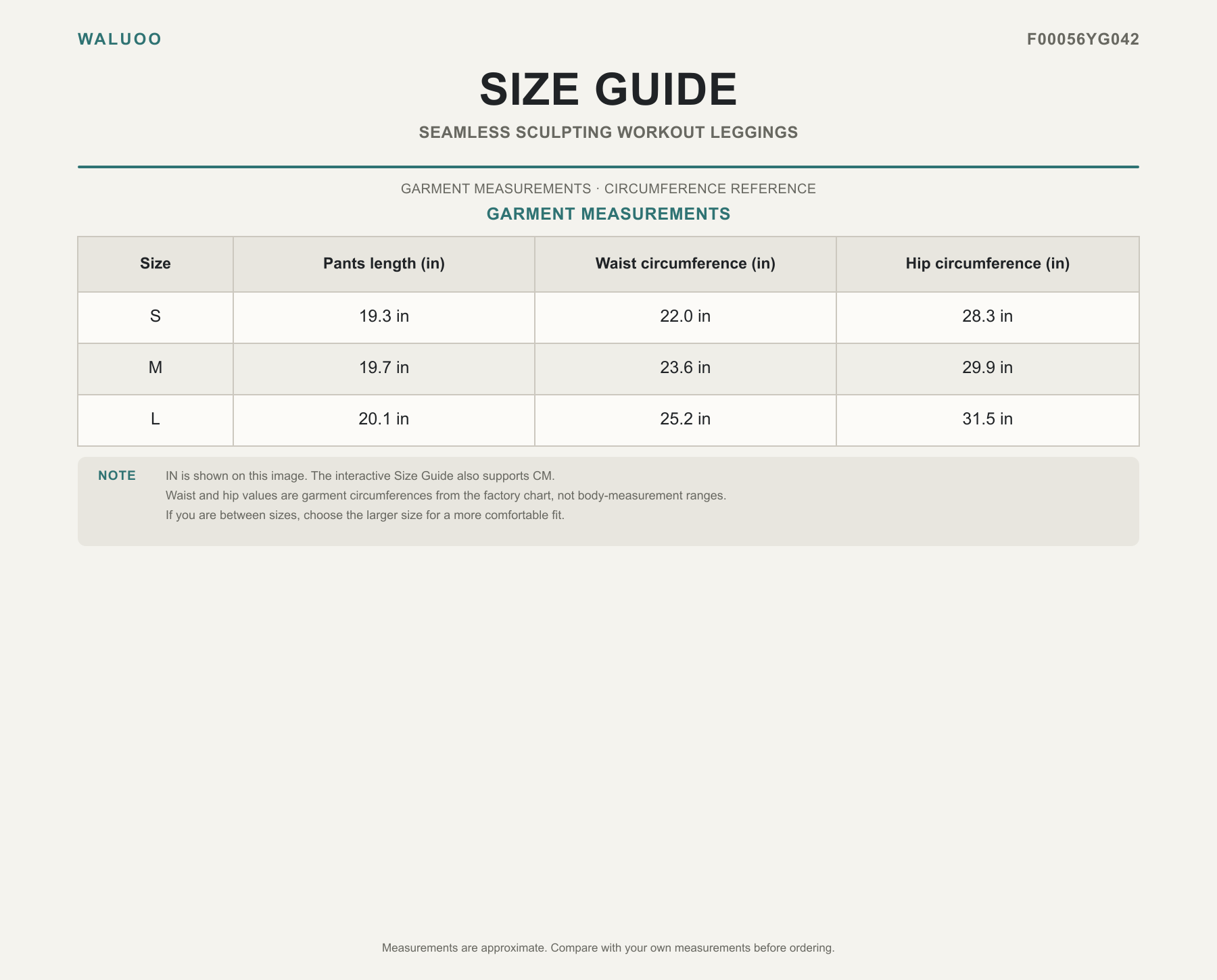 Waluoo F00056YG042 size guide
