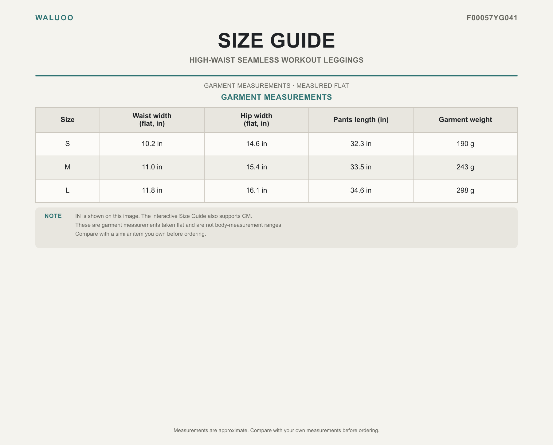 Waluoo F00057YG041 size guide