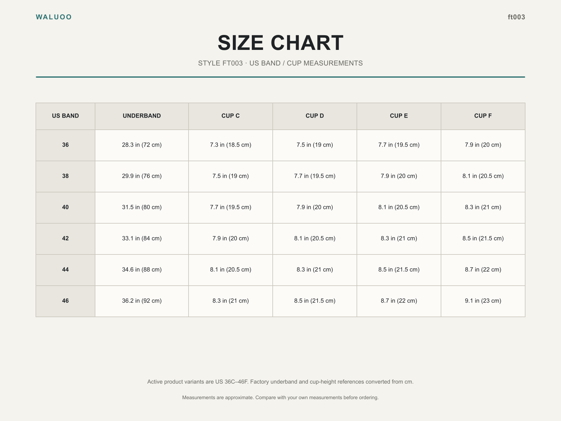Waluoo ft003 size chart