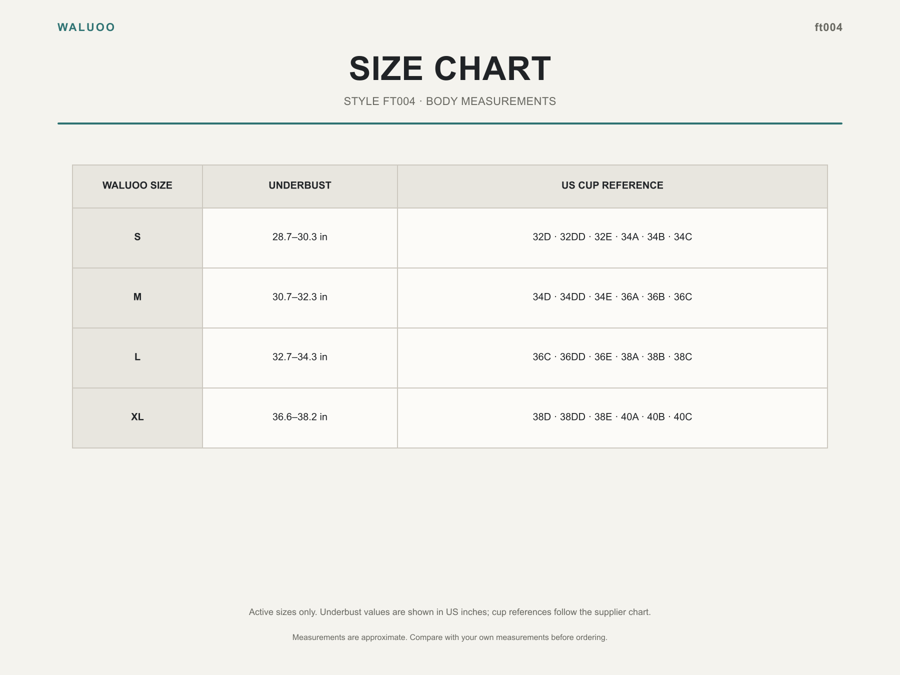 Waluoo ft004 size chart