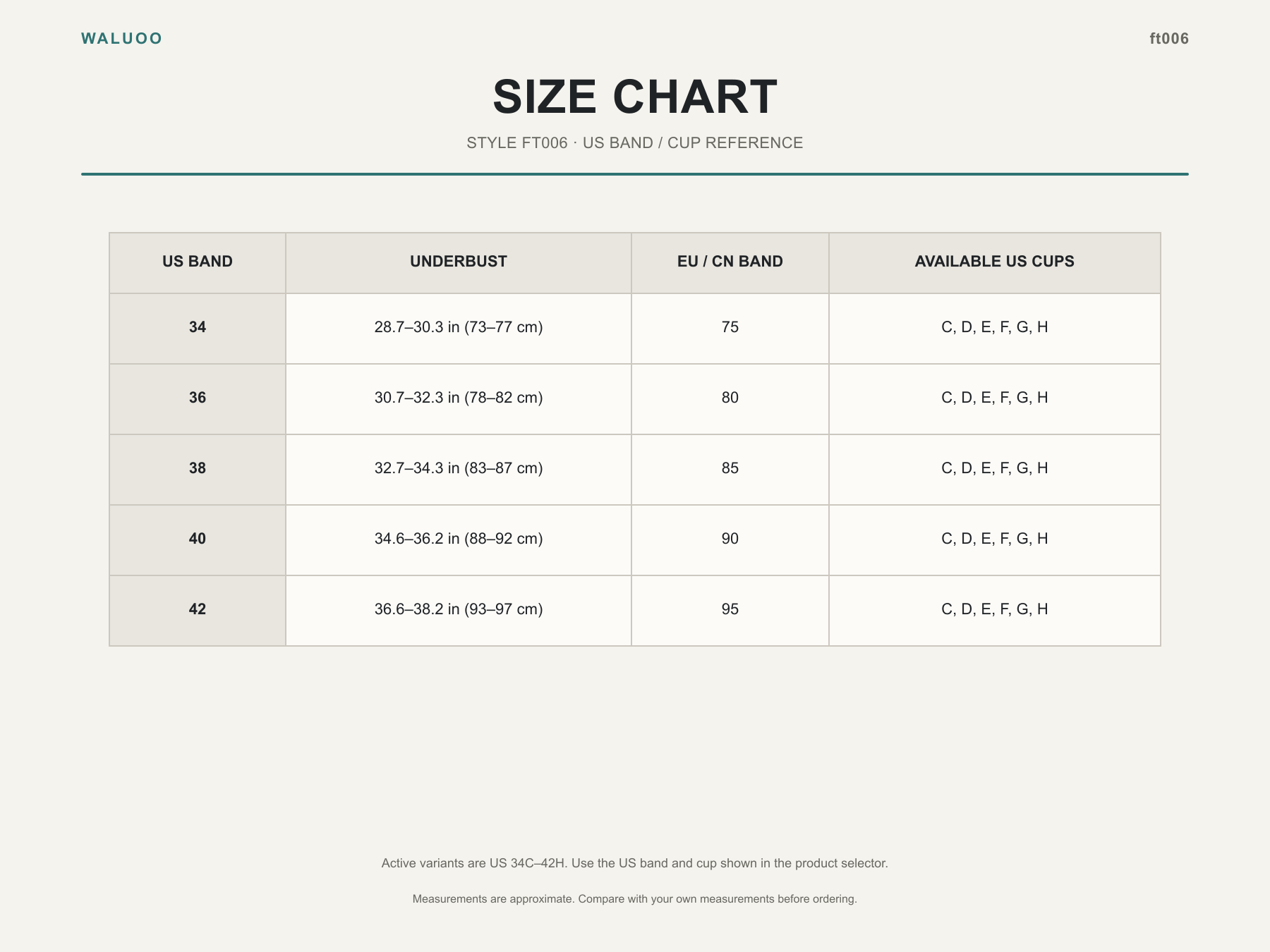 Waluoo ft006 size chart