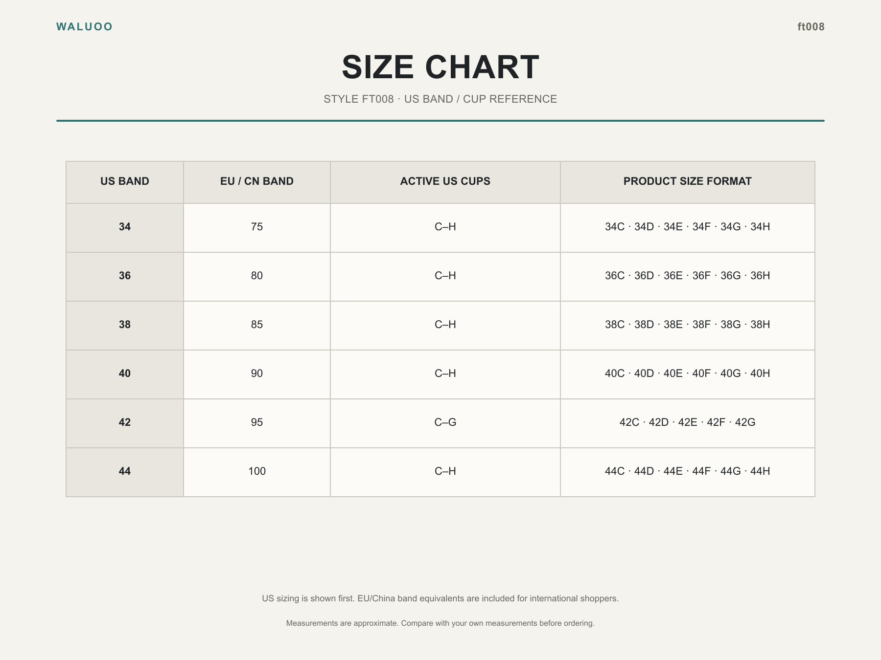 Waluoo ft008 size chart