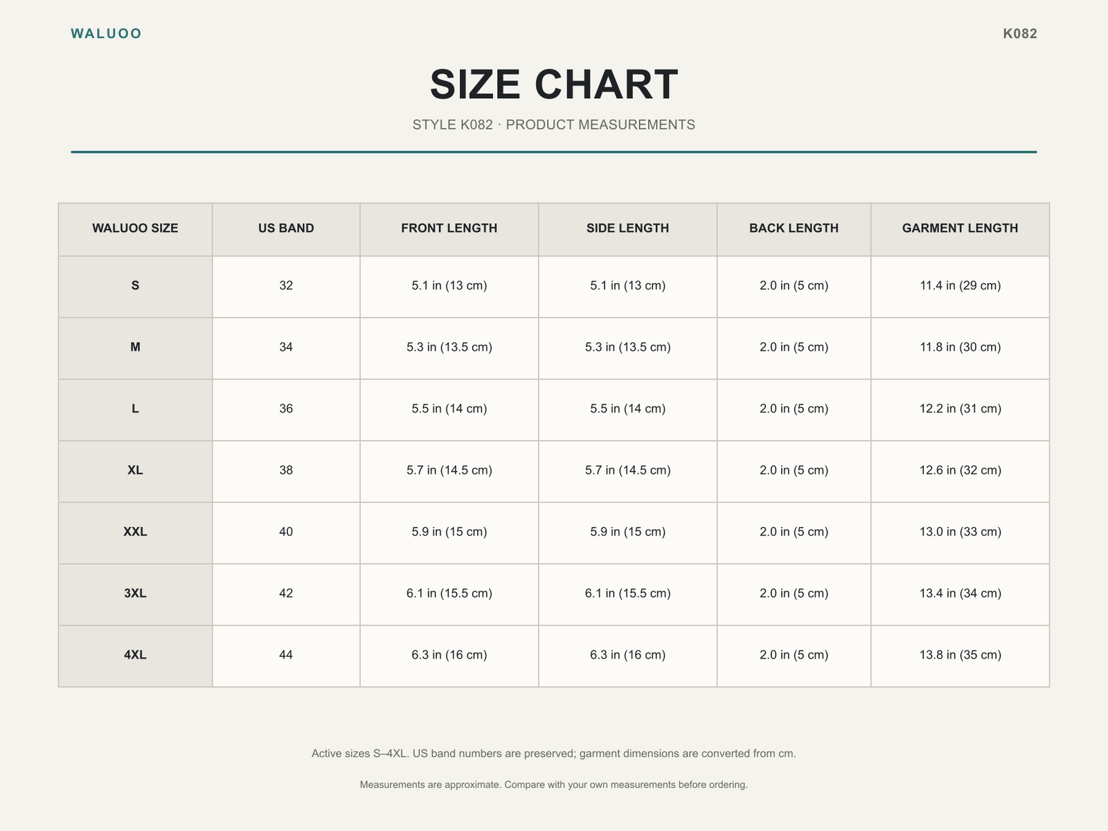 Waluoo K082 Size Guide