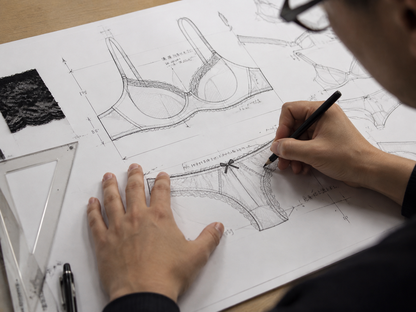 Close-up lingerie design sketch with measuring notes and fabric swatch