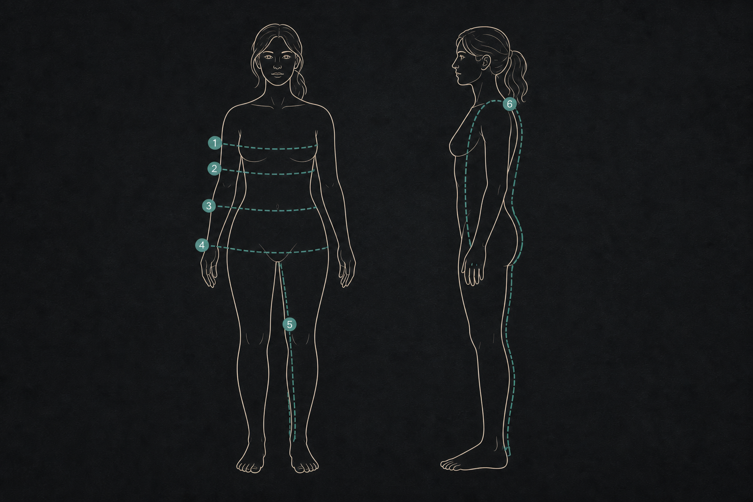 Front and side female body map showing six numbered measuring paths