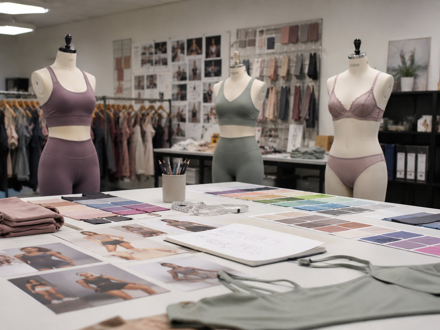 Waluoo design studio with mannequins, lingerie samples, fabric swatches and sketches