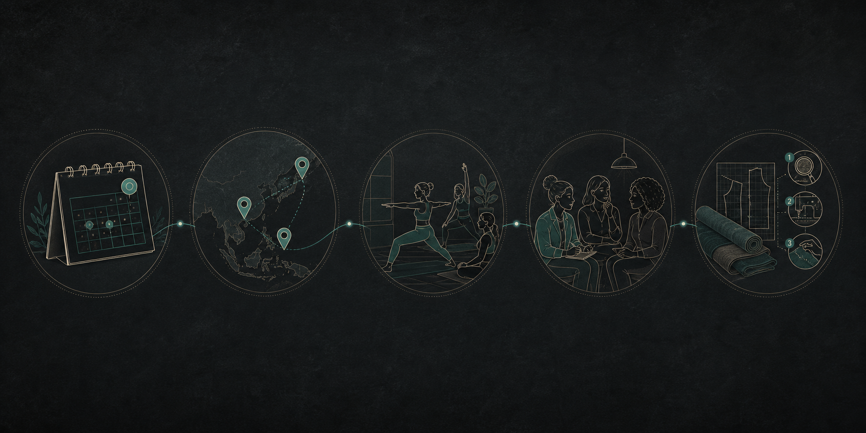 Illustrated journey from 2020 through three locations, movement spaces, listening, and product development